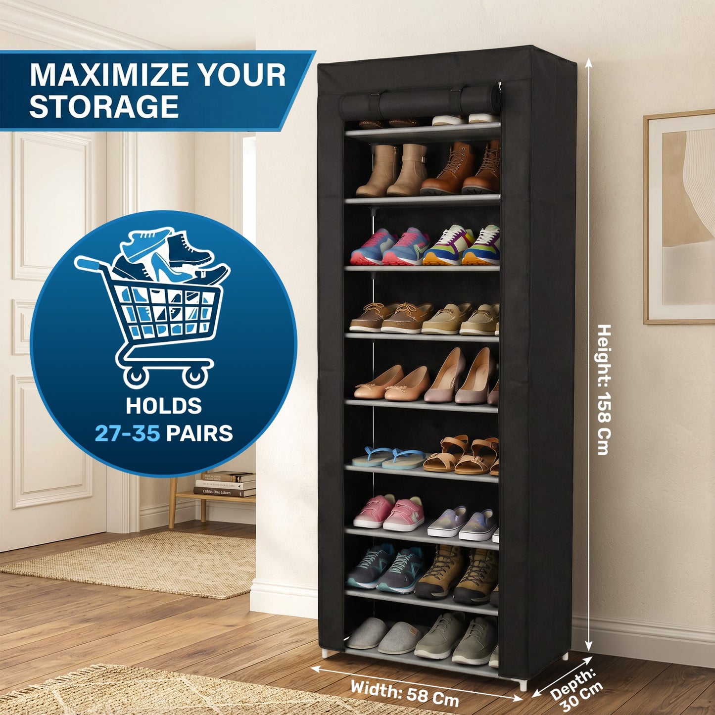 Virosa 10 Tier Shoe Rack with Dustproof Cover – Space Saving Shoe Organizer for 25–30 Pairs | Portable Easy Assembly Storage Cabinet