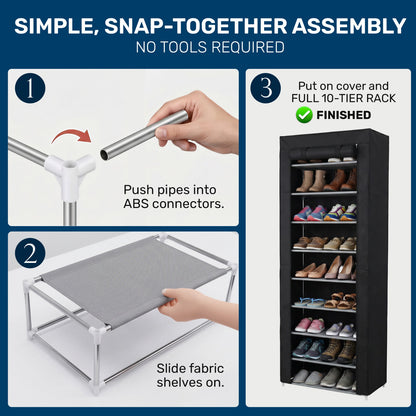 Virosa 10 Tier Shoe Rack with Dustproof Cover – Space Saving Shoe Organizer for 25–30 Pairs | Portable Easy Assembly Storage Cabinet
