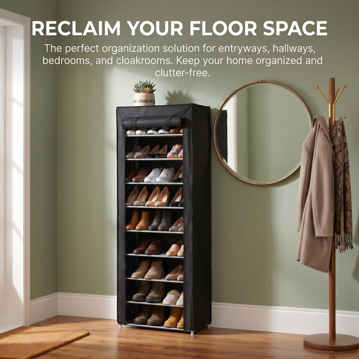 Virosa 10 Tier Shoe Rack with Dustproof Cover – Space Saving Shoe Organizer for 25–30 Pairs | Portable Easy Assembly Storage Cabinet