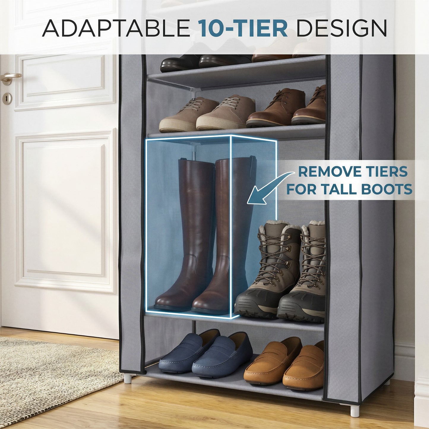 Virosa 10 Tier Shoe Rack with Dustproof Cover – Space Saving Shoe Organizer for 25–30 Pairs | Portable Easy Assembly Storage Cabinet