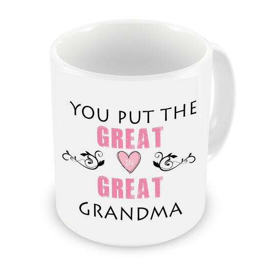 VIROSA Great Grandma Mug – You Put The Great in Great Grandma – Cute Gift from Grandchildren – Birthday, Mother’s Day, Christmas Present – 11oz White Ceramic Coffee Cup