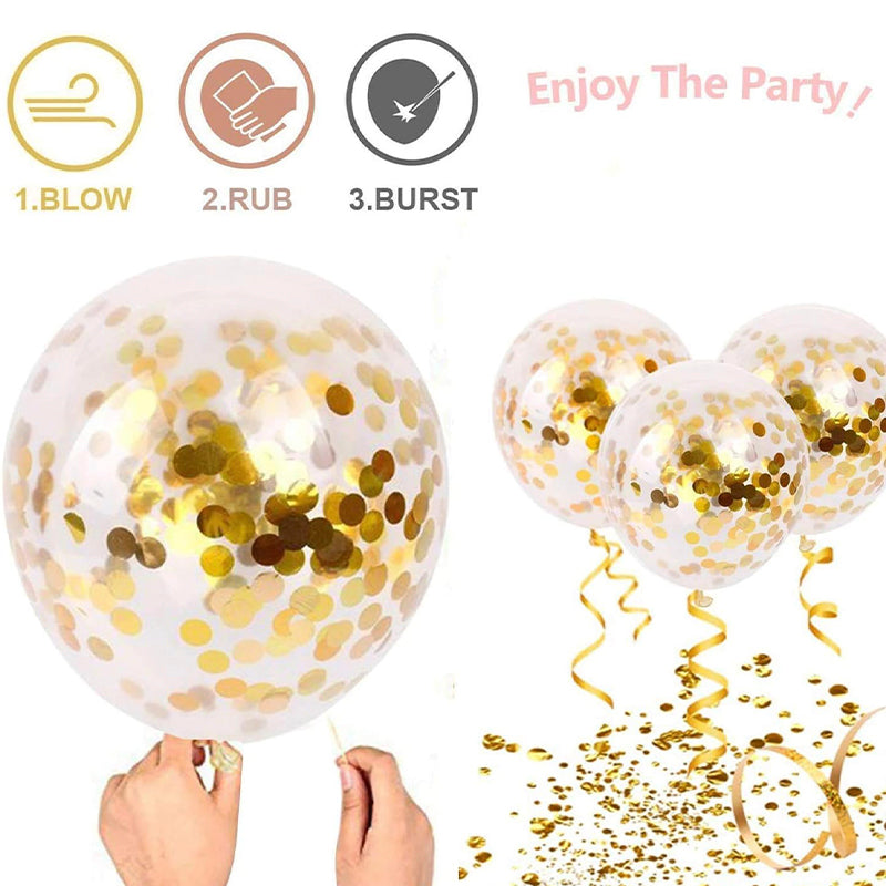 Gold and White Confetti Balloons with Ribbons, Premium Quality High Grade Latex Balloons (50 pcs)