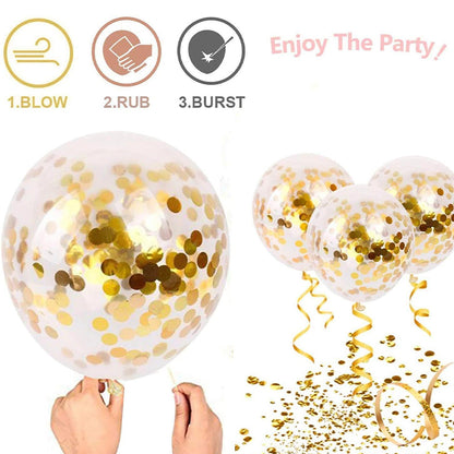 Gold and White Confetti Balloons with Ribbons, Premium Quality High Grade Latex Balloons (50 pcs)
