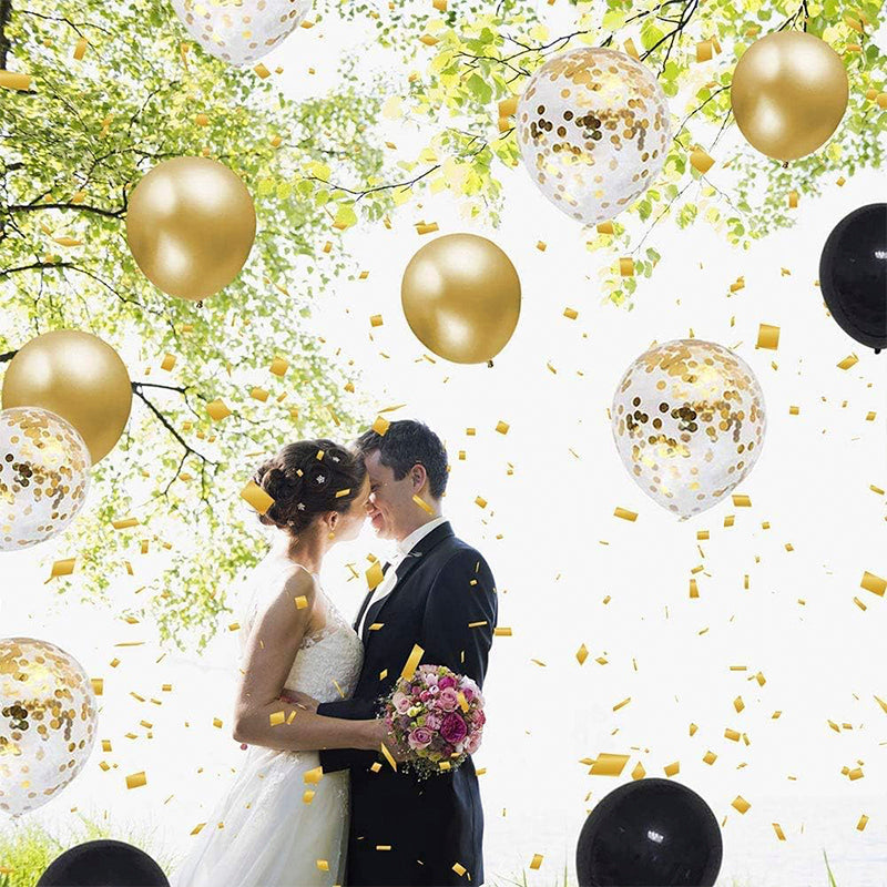 Gold and White Confetti Balloons with Ribbons, Premium Quality High Grade Latex Balloons (50 pcs)