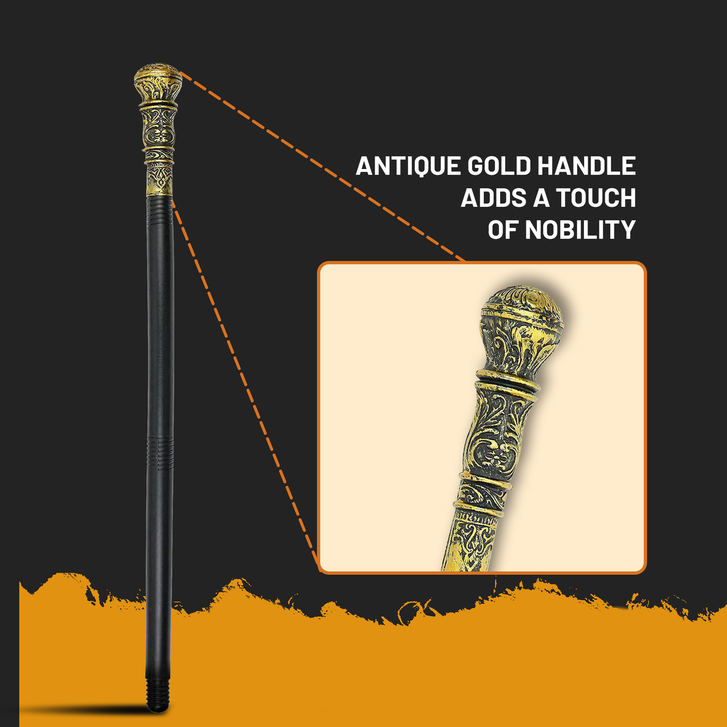 VIROSA Black Victorian Costume Cane – Fancy Dress Walking Stick Prop for Adults & Kids | Rich Gentleman Accessory for Halloween, Theatre, Parties & Role Play