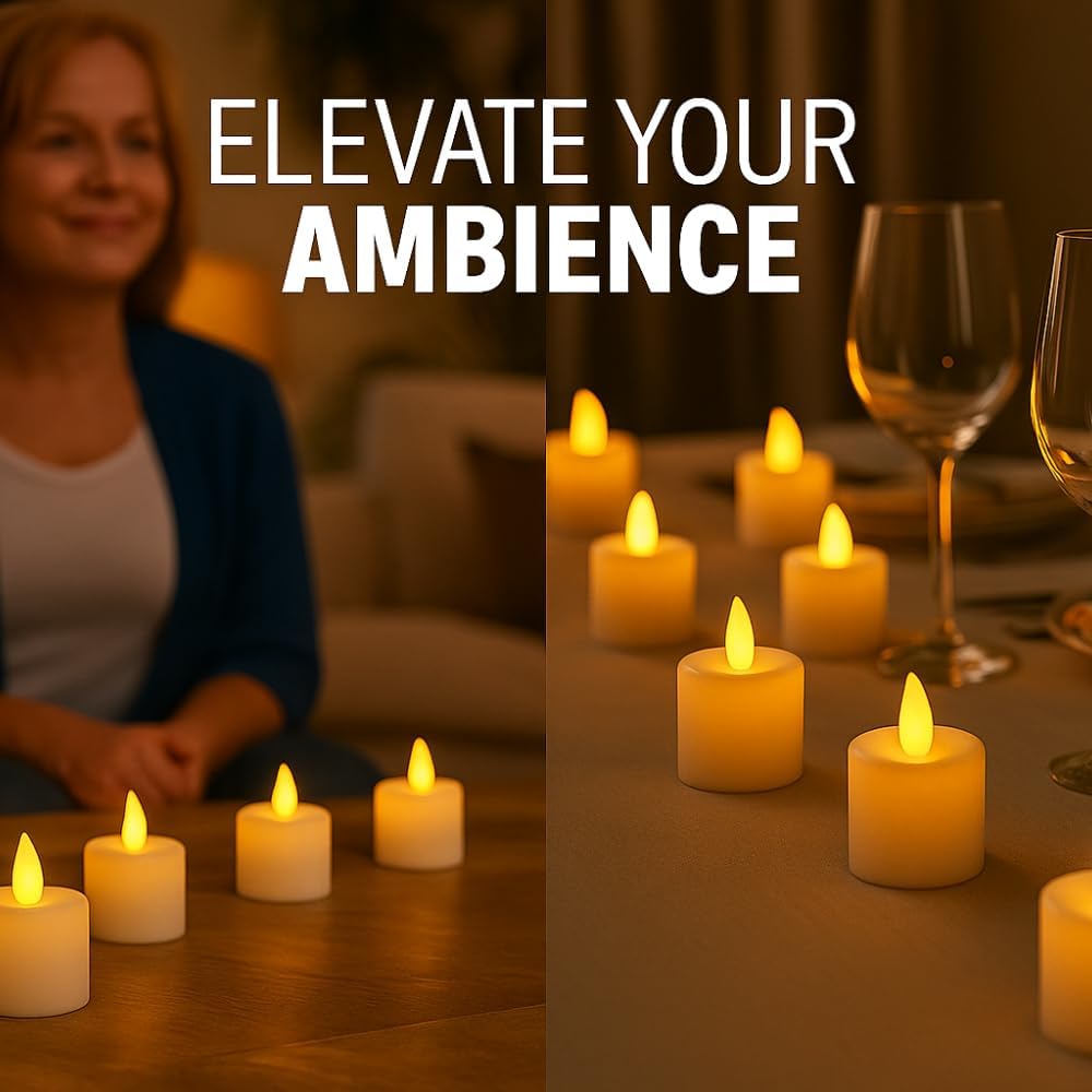 Realistic and Bright Battery Operated Flickering Flameless Tea Light LED Candles - Yellow (Pack of 48) - Batteries Included