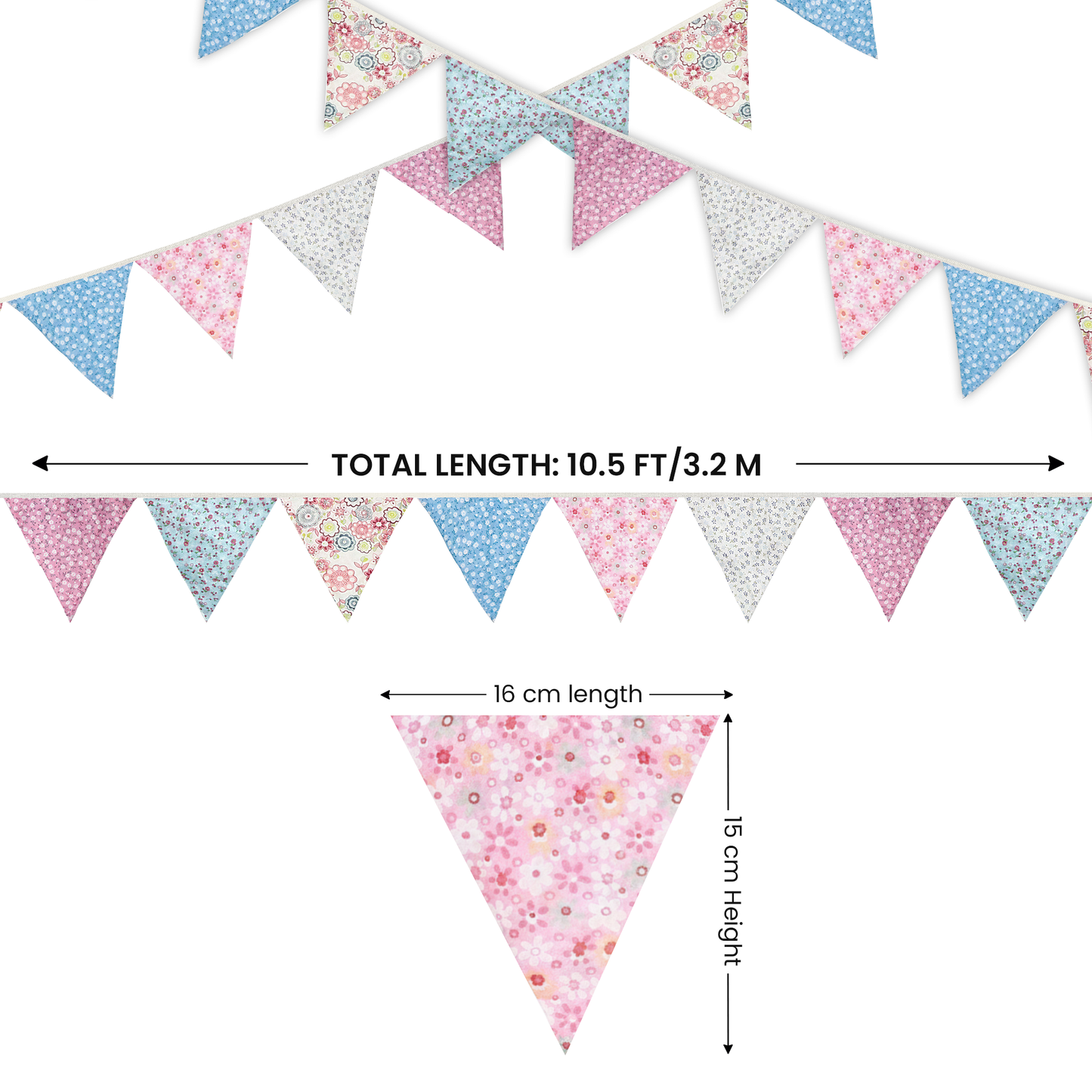 Grassvillage 3.2m Vintage Floral Fabric Bunting – Double-Sided Cotton Pennant Banner, Shabby Chic Garland for Garden Parties, Weddings & Afternoon Tea Decor UK