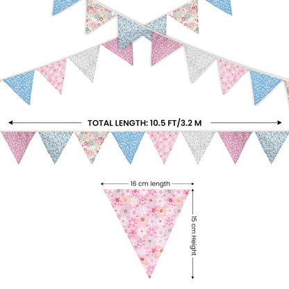 Grassvillage 3.2m Vintage Floral Fabric Bunting – Double-Sided Cotton Pennant Banner, Shabby Chic Garland for Garden Parties, Weddings & Afternoon Tea Decor UK