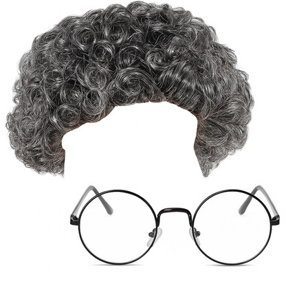 VIROSA Grey Curly Granny Wig and Glasses Set – Fancy Dress Costume Accessory for World Book Day, School Plays, Parties & Book Week Events