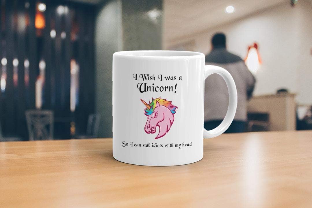 VIROSA Funny Unicorn Mug – I Wish I Was a Unicorn So I Could Stab People with My Head – Sarcastic Gift for Friends, Coworkers, Teens – Humorous Coffee Cup – 11oz White Ceramic Mug