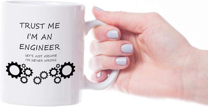 VIROSA Funny Engineer Mug – Trust Me I'm an Engineer, Let’s Just Assume I'm Never Wrong – Sarcastic Coffee Cup Gift – Christmas, Office, Graduation, Birthday – 11oz White Ceramic Mug