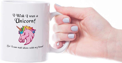 VIROSA Funny Unicorn Mug – I Wish I Was a Unicorn So I Could Stab People with My Head – Sarcastic Gift for Friends, Coworkers, Teens – Humorous Coffee Cup – 11oz White Ceramic Mug