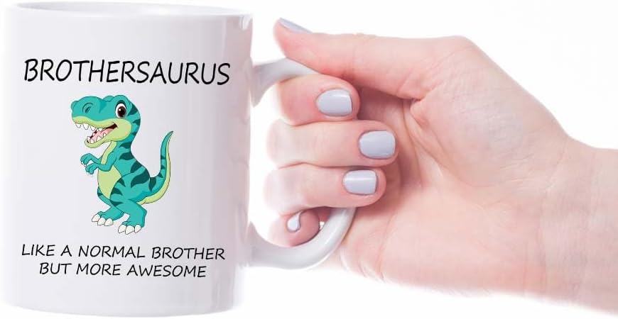 VIROSA Brothersaurus Mug – Like a Normal Brother But More Roar-Some – Funny Dinosaur Gift for Brother, Birthday, Christmas – 11oz White Ceramic Coffee Cup