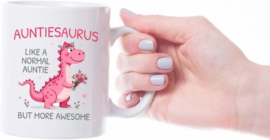 VIROSA Auntiesaurus Mug – Like a Normal Auntie But More Roar-Some – Funny Dinosaur Gift for Auntie – Birthday, Christmas, Mother’s Day, Thanksgiving – 11oz Ceramic Coffee Cup