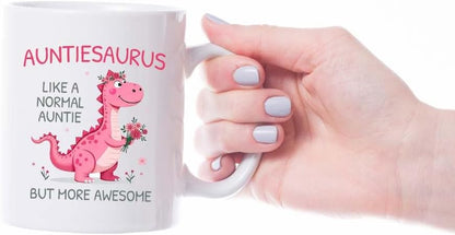 VIROSA Auntiesaurus Mug – Like a Normal Auntie But More Roar-Some – Funny Dinosaur Gift for Auntie – Birthday, Christmas, Mother’s Day, Thanksgiving – 11oz Ceramic Coffee Cup