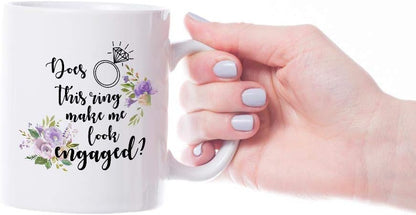 VIROSA Engaged Mug – Does This Ring Make Me Look Engaged? – Funny Engagement Gift for Bride-to-Be, Fiancée – Bridal Shower, Wedding Planning, Engagement Party – 11oz White Ceramic Coffee Cup