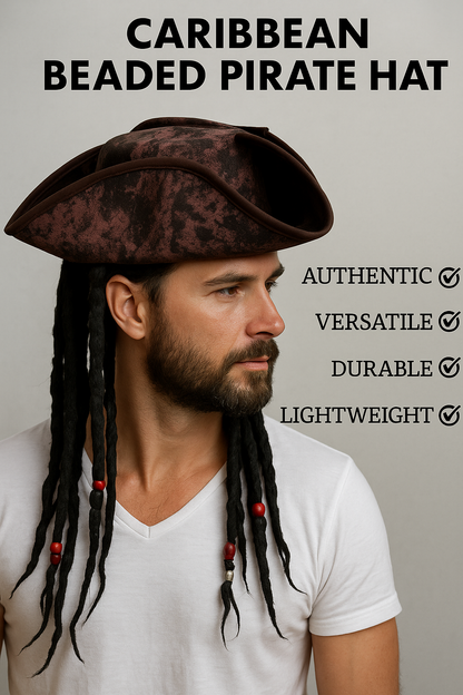 VIROSA Deluxe Brown Pirate Hat with Braids & Beads – Caribbean Captain Costume Accessory for Kids & Adults | Ideal for Halloween, Fancy Dress, World Book Day & Imaginative Play