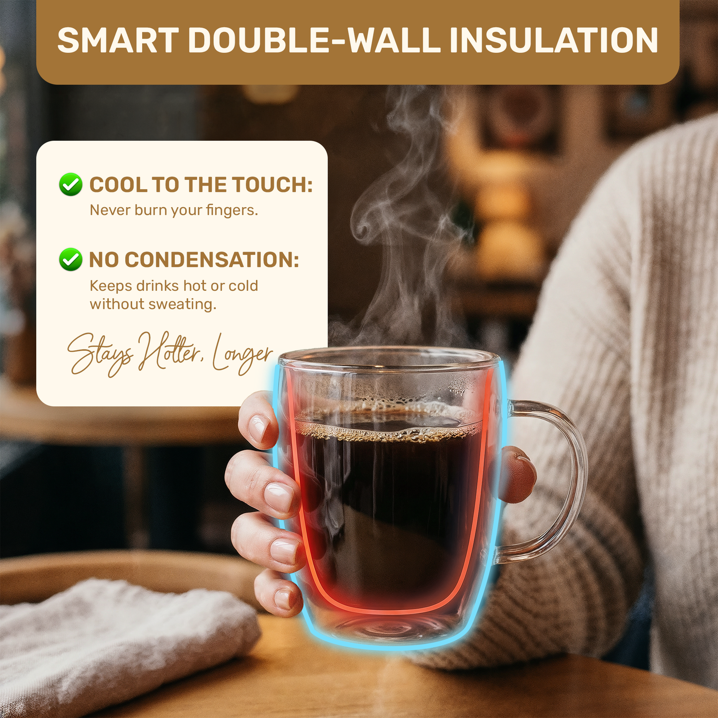 VIROSA Double Walled Glass Coffee Cups – 350ML (12oz) Insulated Borosilicate Mug for Hot & Cold Drinks