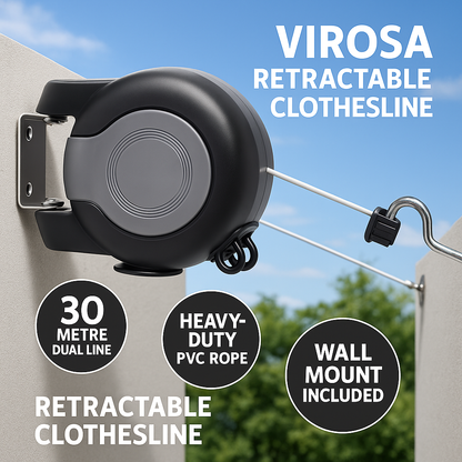 VIROSA Retractable Washing Line 30m – Dual Clothesline Dryer with Twin Cable – Heavy Duty Wall Mounted Laundry Reel for Indoor & Outdoor Use – Space-Saving Tangle-Free Design – Black