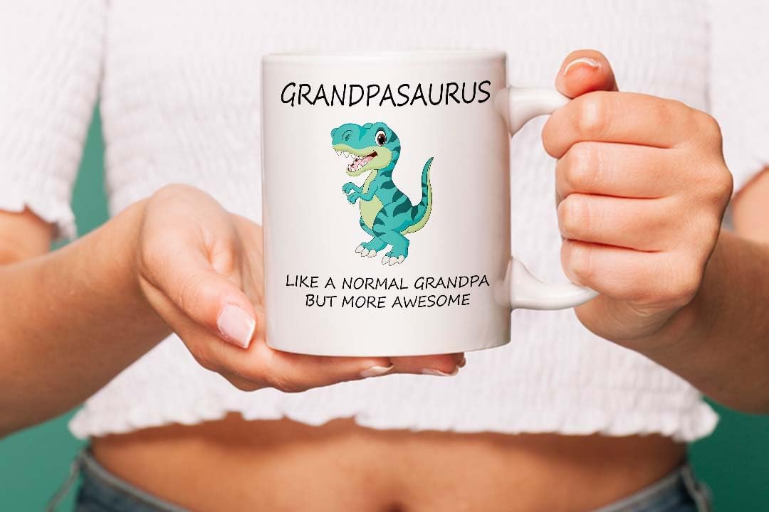 VIROSA Grandpasaurus Mug – Like a Normal Grandpa But More Roar-Some – Funny Dinosaur Gift for Grandpa, Birthday, Christmas, Father’s Day – 11oz White Ceramic Coffee Cup