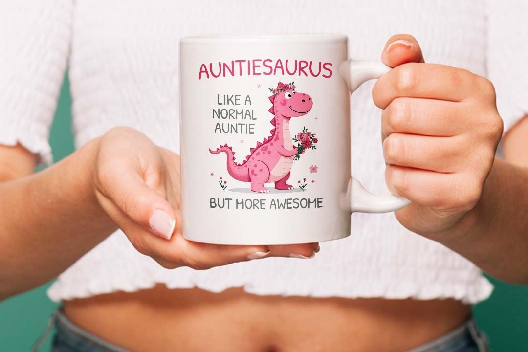 VIROSA Auntiesaurus Mug – Like a Normal Auntie But More Roar-Some – Funny Dinosaur Gift for Auntie – Birthday, Christmas, Mother’s Day, Thanksgiving – 11oz Ceramic Coffee Cup