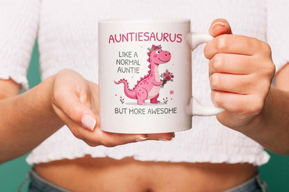 VIROSA Auntiesaurus Mug – Like a Normal Auntie But More Roar-Some – Funny Dinosaur Gift for Auntie – Birthday, Christmas, Mother’s Day, Thanksgiving – 11oz Ceramic Coffee Cup