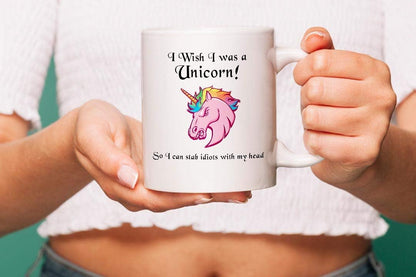 VIROSA Funny Unicorn Mug – I Wish I Was a Unicorn So I Could Stab People with My Head – Sarcastic Gift for Friends, Coworkers, Teens – Humorous Coffee Cup – 11oz White Ceramic Mug