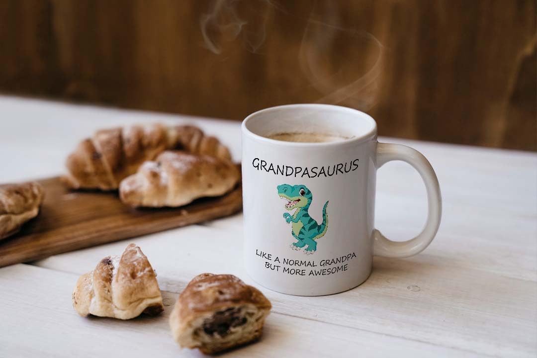 VIROSA Grandpasaurus Mug – Like a Normal Grandpa But More Roar-Some – Funny Dinosaur Gift for Grandpa, Birthday, Christmas, Father’s Day – 11oz White Ceramic Coffee Cup