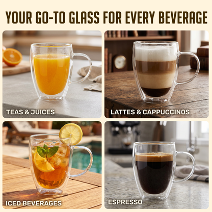 VIROSA Double Walled Glass Coffee Cups – 350ML (12oz) Insulated Borosilicate Mug for Hot & Cold Drinks