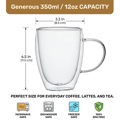 VIROSA Double Walled Glass Coffee Cups – 350ML (12oz) Insulated Borosilicate Mug for Hot & Cold Drinks