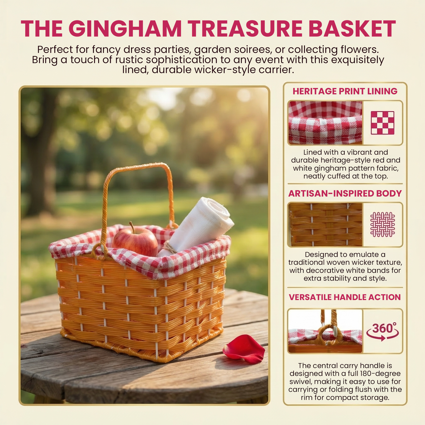 Virosa Plastic Basket with Red Gingham Cloth & Handle – Fairytale Costume Accessory for World Book Day, Little Red Riding Hood & School Book Week Fancy Dress – Suitable for Ages 14+