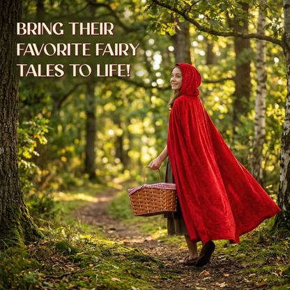 VIROSA Red Riding Hood Costume Set - Hooded Velour Cape & Picnic Basket Kids