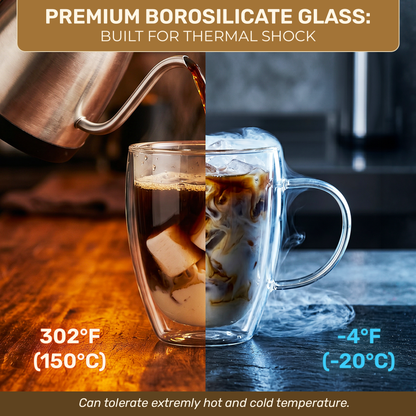 VIROSA Double Walled Glass Coffee Cups – 350ML (12oz) Insulated Borosilicate Mug for Hot & Cold Drinks
