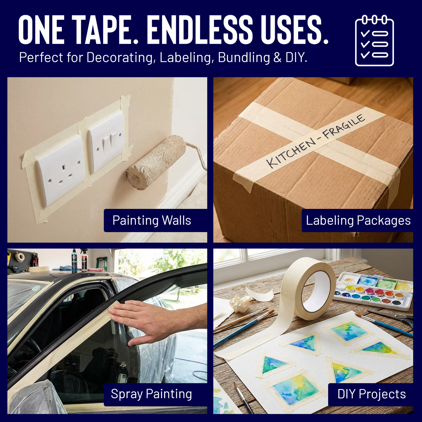 Pack of 5 Masking Tape Rolls - 48mm Wide, 50 Metres