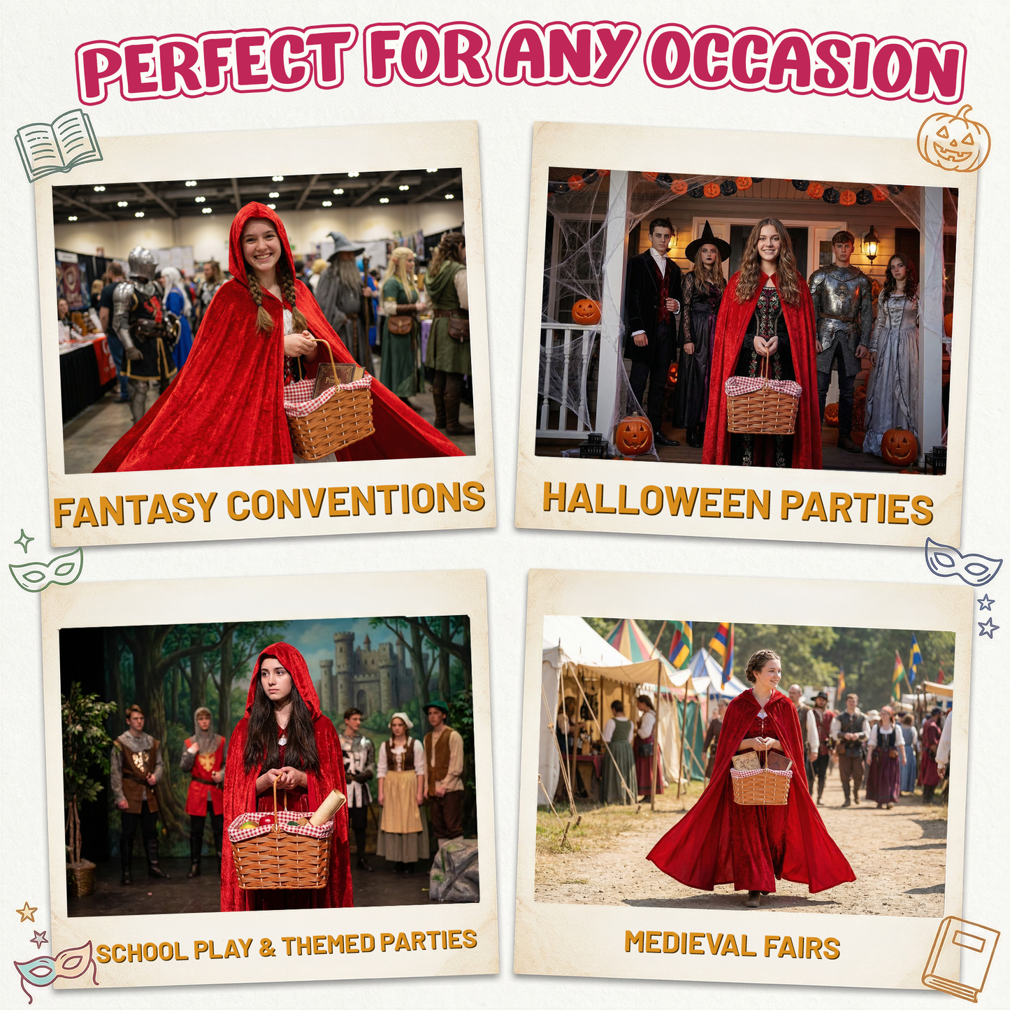 VIROSA Red Riding Hood Costume Set - Hooded Velour Cape & Picnic Basket Kids