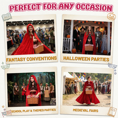 VIROSA Red Riding Hood Costume Set - Hooded Velour Cape & Picnic Basket Kids