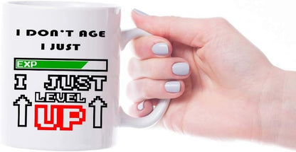 VIROSA Gamer Mug – I Don’t Age I Just Level Up – Funny Gaming Gift for Him, Her, Teens, Friends – Birthday, Christmas, Gamer Life – 11oz White Ceramic Coffee Cup