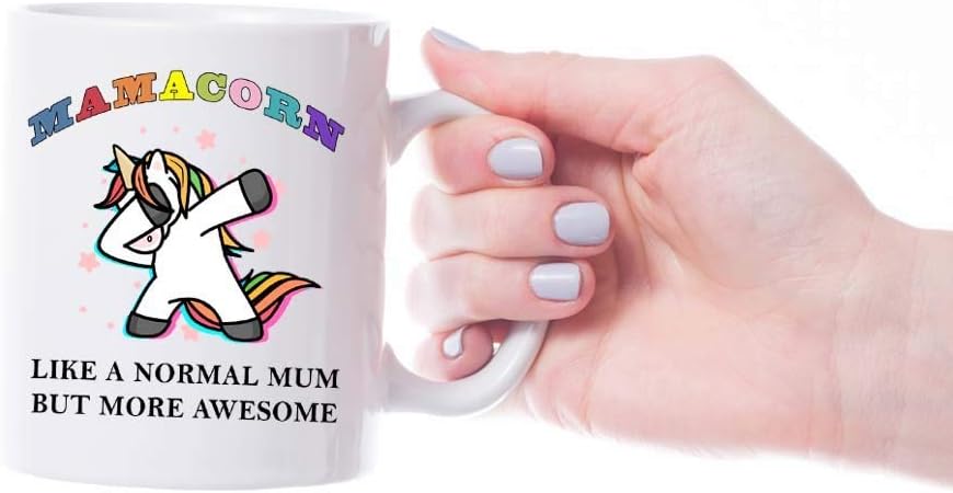 VIROSA Mamacorn Mug – Like a Normal Mum but More Awesome – Funny Gift for Mum from Daughter or Son – Mother’s Day, Birthday, Xmas Present – 11oz White Ceramic Coffee Cup