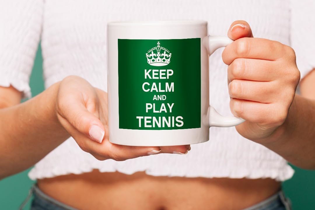 VIROSA Tennis Mug – Keep Calm and Play Tennis – Funny Gift for Tennis Players, Coaches, Fans – Birthday, Christmas or End-of-Season Present – 11oz White Ceramic Coffee Cup