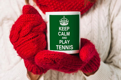 VIROSA Tennis Mug – Keep Calm and Play Tennis – Funny Gift for Tennis Players, Coaches, Fans – Birthday, Christmas or End-of-Season Present – 11oz White Ceramic Coffee Cup