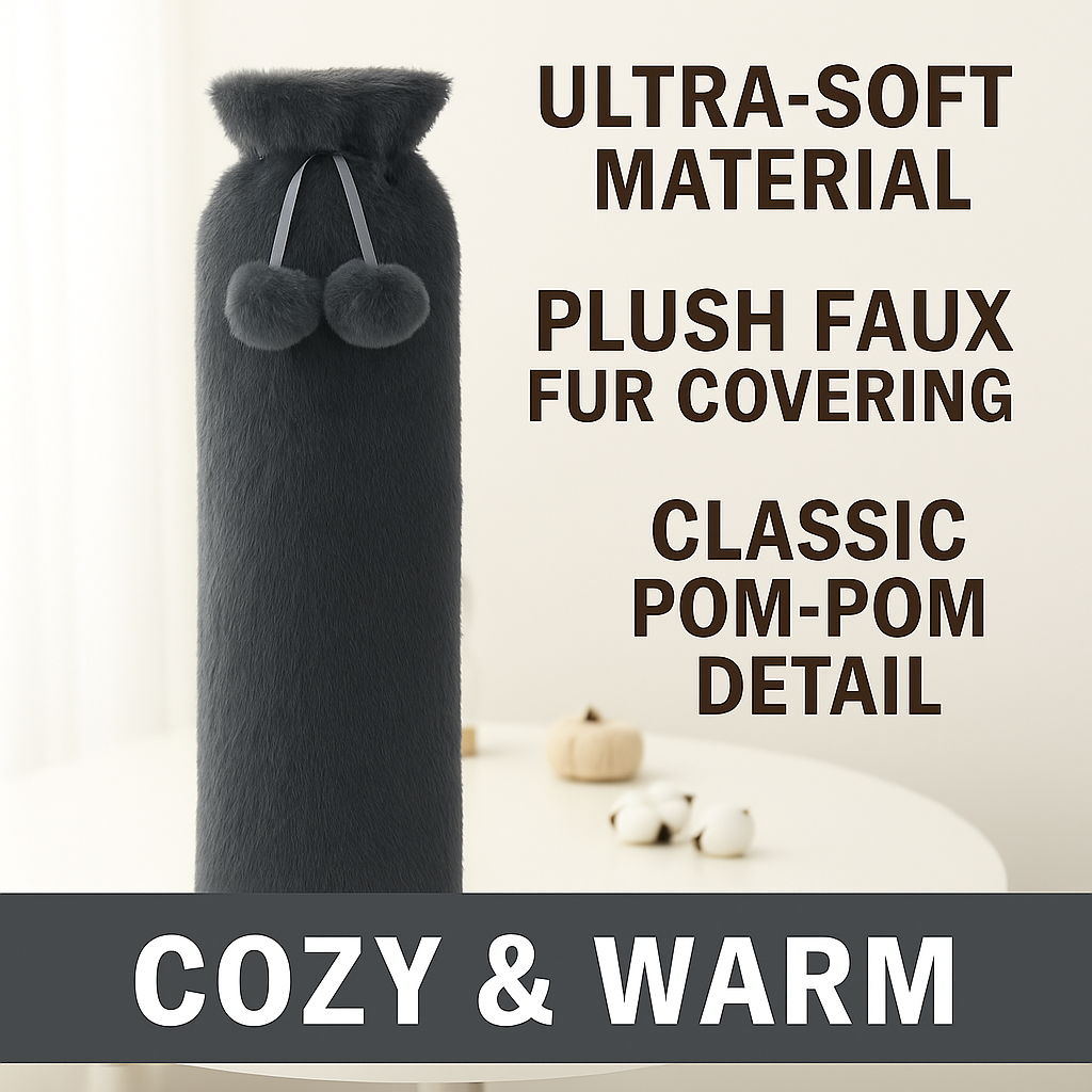 VIROSA Extra Long 2L Hot Water Bottle with Plush Cover & Pom Poms – Pain Relief & Winter Comfort