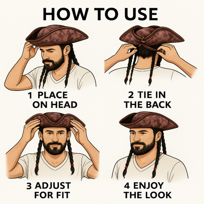 VIROSA Deluxe Brown Pirate Hat with Braids & Beads – Caribbean Captain Costume Accessory for Kids & Adults | Ideal for Halloween, Fancy Dress, World Book Day & Imaginative Play