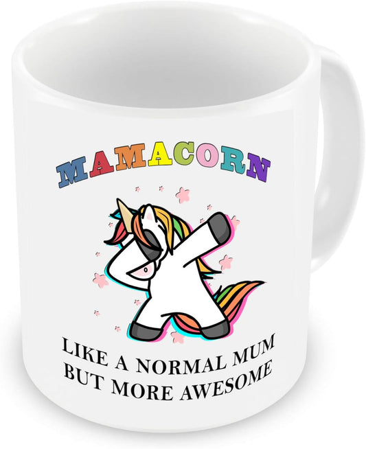 VIROSA Mamacorn Mug – Like a Normal Mum but More Awesome – Funny Gift for Mum from Daughter or Son – Mother’s Day, Birthday, Xmas Present – 11oz White Ceramic Coffee Cup